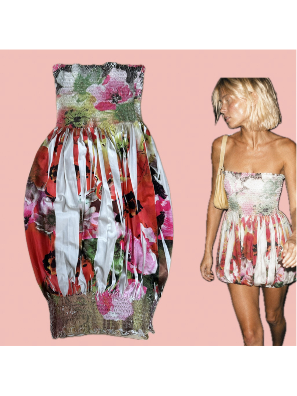 Floral Strapless Smocked Bubble Hem Dress Y2K Size Small
